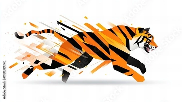 Fototapeta Dynamic illustration of a tiger in motion, rendered in bold orange and black stripes against a white backdrop.