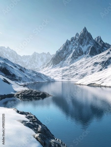 Fototapeta Snow-capped peaks rise dramatically around a still lake, their reflections creating a serene view. The bright blue sky enhances the winter wonderland atmosphere