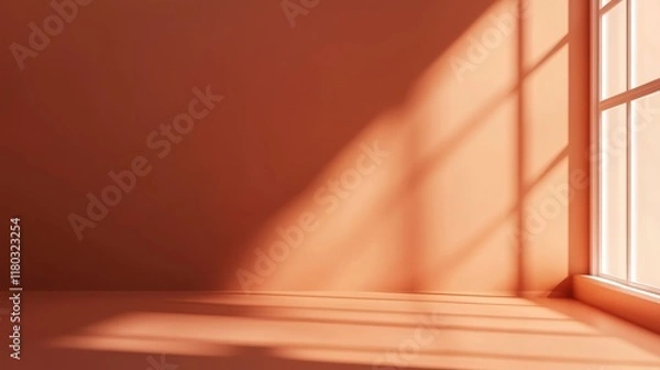 Fototapeta A simple terracotta space with sunlight reflecting through the window. A simple terracotta room with soft sunlight.