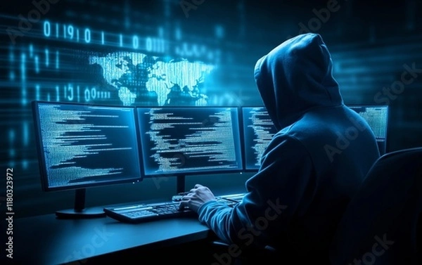 Obraz Hooded hacker working on computer. Dark operating room with multiple monitors. Cybercrime, attack and cyberattack concept. Cybersecurity, data protection. Global network. Banner with copy space
