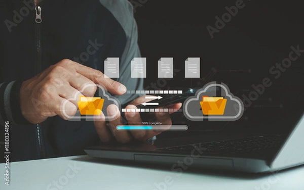 Fototapeta Data transfer, Transfer file of data between folder, Backup data, Exchange of file on folder, DMS. Hand touch on document for send of document on internet. Virtual document loading to another folder.