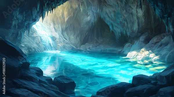 Fototapeta Stunning subterranean pool in a captivating limestone cave. crystal-clear turquoise water reflects the ancient rock formations. Flamestone. Illustration