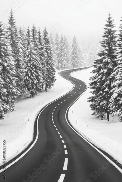 Fototapeta An aerial perspective of a road meandering through a forest cloaked in snow.