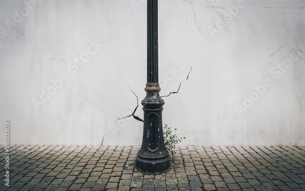 Fototapeta Minimalist urban detail of a weathered black cast iron lamp post base, cracked white wall, and cobblestone pavement with small green plant growth, symbolizing urban decay and resilience