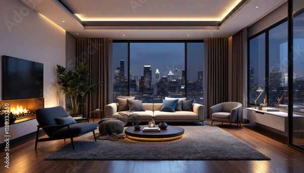 Fototapeta Cozy modern living room night with a large window offering a view of a city skyline at night.