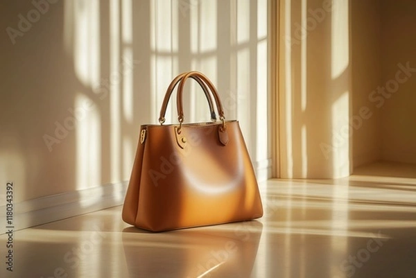 Fototapeta Elegant leather handbag illuminated by window light in minimalist interior