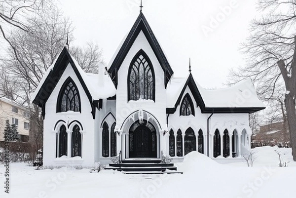 Fototapeta A gothic house, blanketed in snow, stands majestically in a winter landscape, revealing its intricate architectural details and dark elegance under the bright midday sun