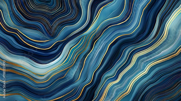 Fototapeta Waves of blue and turquoise blend seamlessly with gold lines in a luxurious, flowing agate pattern 