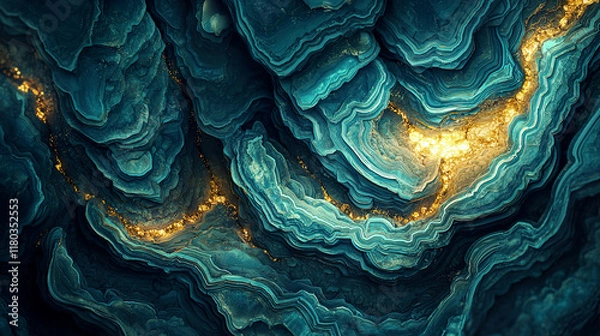 Fototapeta Teal and gold agate stone texture, intricate flowing layers with glowing accents, hyper-realistic stone formations 