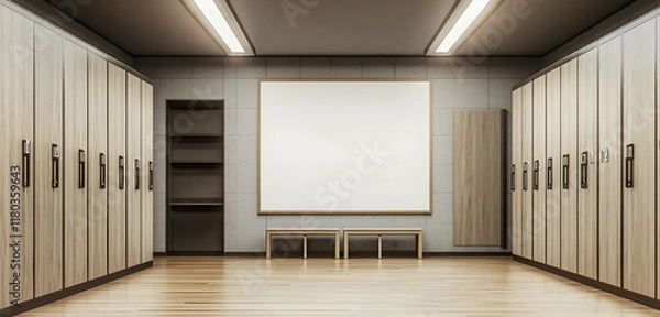 Obraz Trendy dark locker room with custom design potential, featuring a 3D-rendered blank poster and ample space for adjustments.