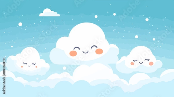 Fototapeta Cute and Colorful Kawaii Weather Icons with Clouds in Vector Illustration