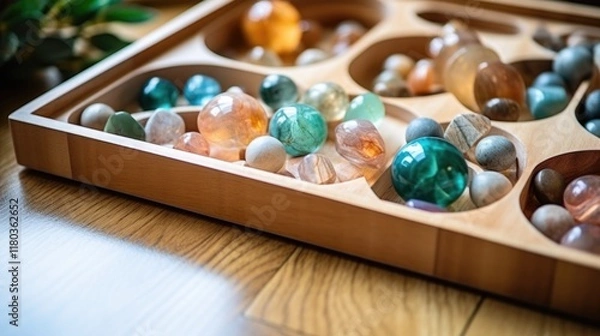 Fototapeta Artistic arrangement of colorful marbles in wooden tray on shiny floor