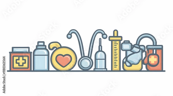 Fototapeta Medical equipment icons in a horizontal row, health care tools collection, flat design, various supplies.