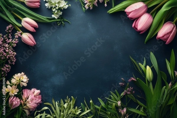 Fototapeta Spring flowers creating a frame on dark blue background