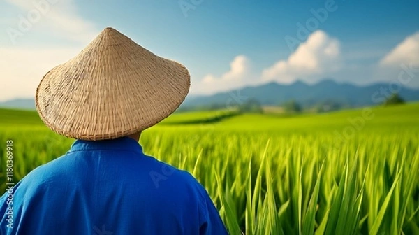 Fototapeta A farmer stands in a lush green rice field wearing a straw hat, with mountains and blue sky in the background.