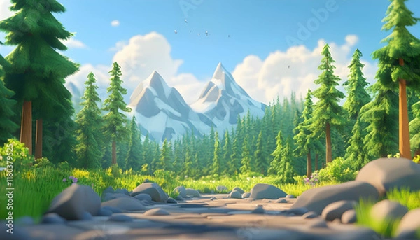 Fototapeta 3D rendering of cartoon forest landscape with mountains