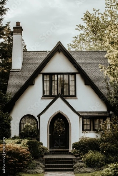 Fototapeta Nestled in a tranquil neighborhood teeming with lush greenery, this delightful Tudor-style house stands gracefully, even on a cloudy day