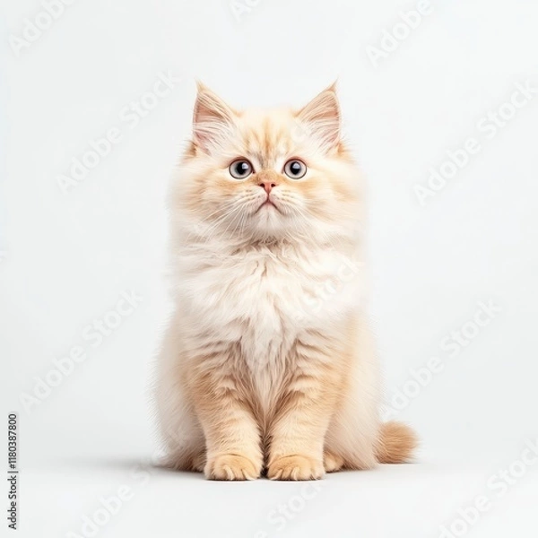 Fototapeta A fluffy Himalayan cat with striking eyes, sitting calmly against a plain background, showcasing its adorable features and personality.