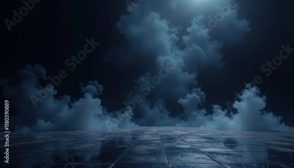 Fototapeta Darkened room with empty floor amidst swirling smoke on black background, mysterious surroundings, eerie ambiance