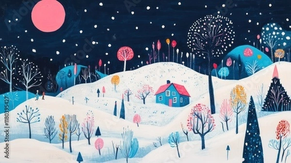 Obraz Winter wonderland landscape with cozy cottage, figures, and night sky.  Possible use Children's book illustration