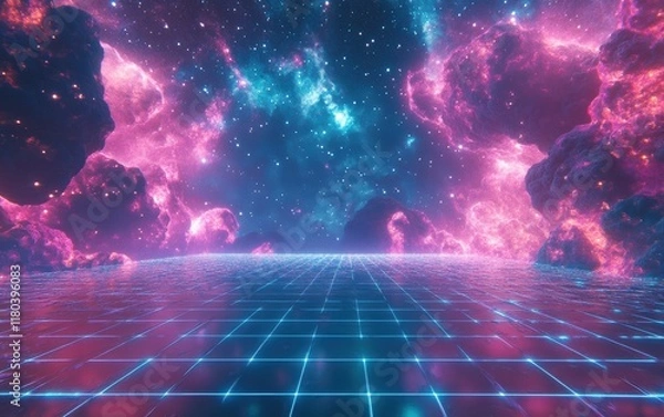 Fototapeta digital, grid, synthwave, 80s, style, infinity, vibrant, purple, blue, glowing, space, galaxy, universe, nebula, cosmos, astronomy, nebulae, futuristic, cosmic, retro, pattern, wallpaper, texture, bri