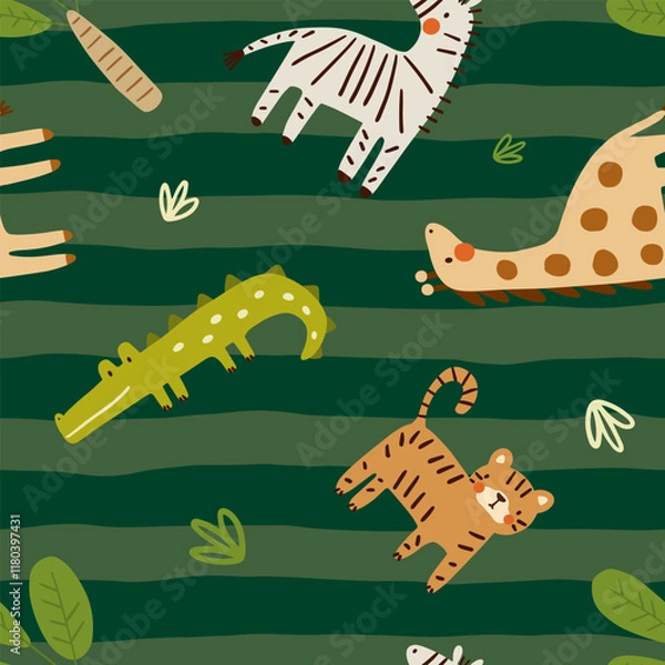 Obraz Zoo cute hand drawn african baby animals on a deep green neutral with stripes background, kids seamless pattern with zebra, crocodile, giraffe, lion, tiger.