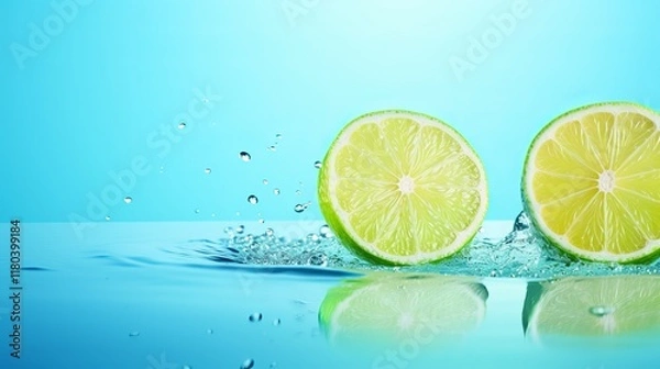 Obraz Slices of lime create refreshing splashes in a vibrant aqua setting. Generative AI