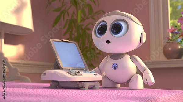 Fototapeta Cute robot interacting with a tablet in a home interior;  sunshine through window.