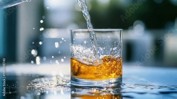 Fototapeta Refreshing water pours into a glass of golden whiskey, capturing the essence of relaxation and indulgence in sparkling detail.