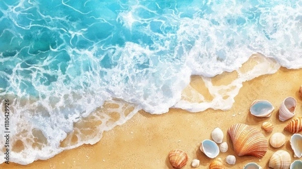 Fototapeta Ocean wave gently lapping sandy beach shore with seashells.