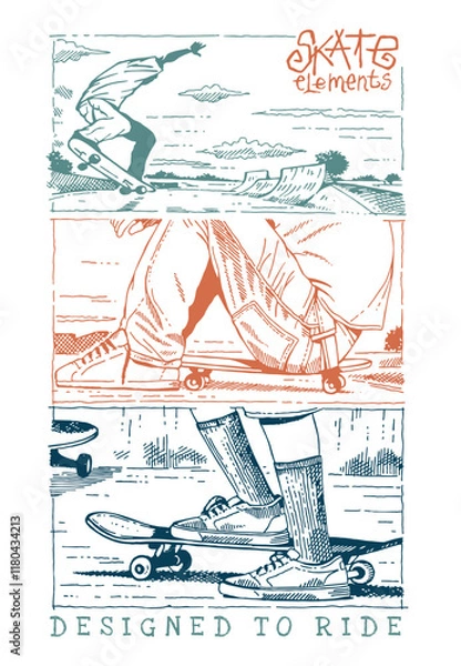 Obraz Energy in Motion: This work captures the vibrant essence of skateboarders in action, each line and stroke revealing the freedom and boldness of their movements on the wheels.