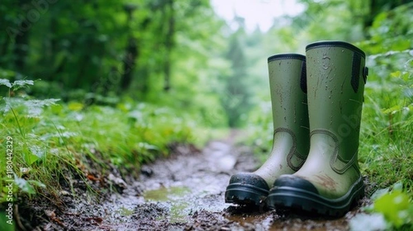 Fototapeta Long rubber boots positioned next to a muddy trail, surrounded by lush green grass.