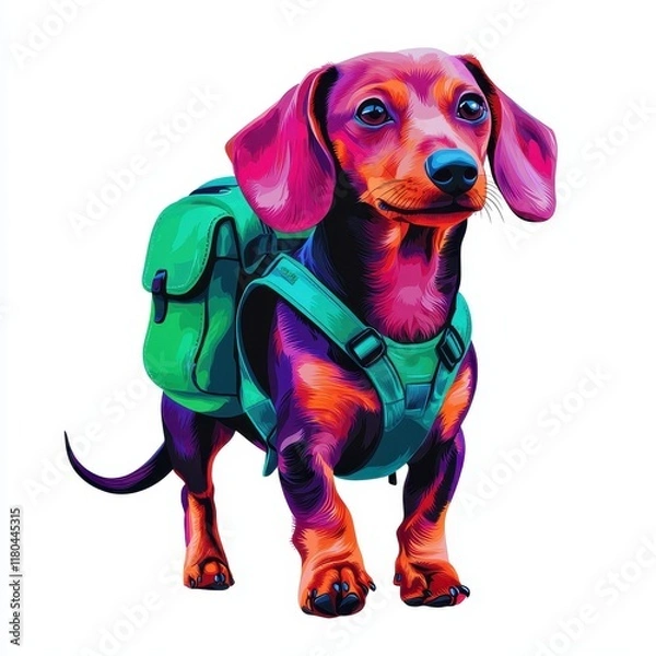 Fototapeta Colorful Dachshund with Backpack Surrounded by Vibrant Design Elements