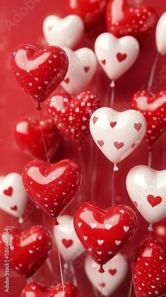 Fototapeta Red and white balloons with hearts create a romantic Valentine's Day atmosphere, perfect for festive designs and celebrations