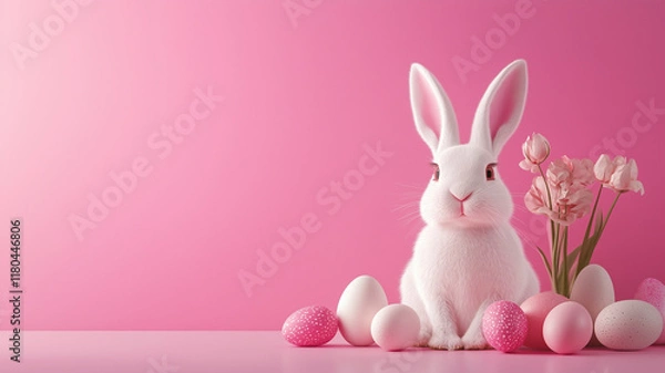 Obraz Happy easter bunny with decorated easter eggs. Easter holiday concept with copy space for products and text. Smiling white rabbit on pastel background