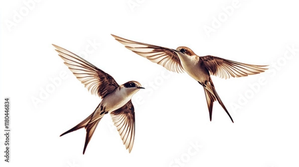 Obraz Two brown birds in flight against a white background.