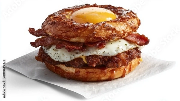 Fototapeta A breakfast sandwich with fried egg, crispy bacon, and melted cheese on a toasted English muffin, placed on a napkin.