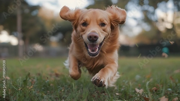 Fototapeta Energetic Golden Retriever Running Gleefully Through Grassy Field