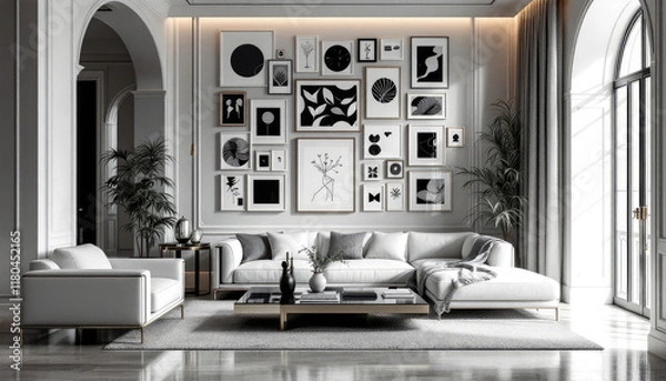 Fototapeta modern art deco interior living room with a white sofa, a coffee table, and a large wall adorned with black and white artwork.