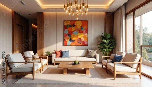 Fototapeta Modern art deco interior japandi living room with a large window, wooden furniture, and a colorful abstract painting on the wall.