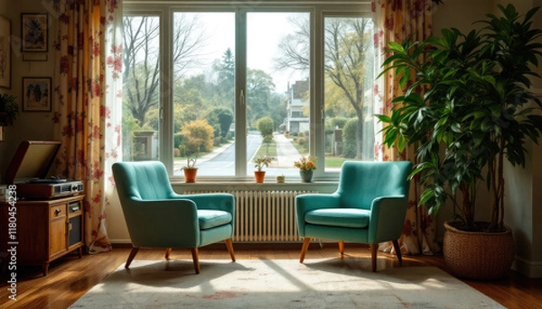 Fototapeta Art deco interor living room with a large window, curtains, a sofa, a coffee table, and a record player.