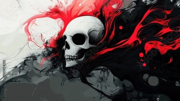 Fototapeta Abstract Skull Enveloped in Red and Black Ink