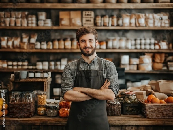 Obraz Young entrepreneur managing a local shop, small business owner standing confidently in a retail store setting