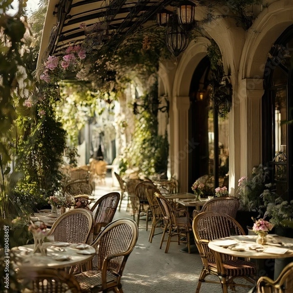 Obraz French-style café in the early morning with cozy ambiance and freshly brewed coffee ready for customers