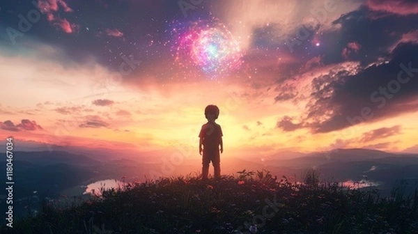 Obraz A child standing on a hill at sunset, eyes closed, with a holographic projection of their wish forming above, cinematic glow, Sci-fi, Photorealistic