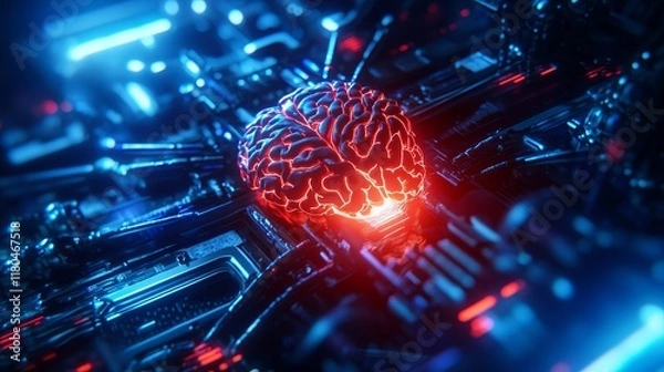 Obraz A close-up of a biomechanical brain merging human tissue and intricate machinery, glowing with internal red and blue lights, in a dark sci-fi laboratory