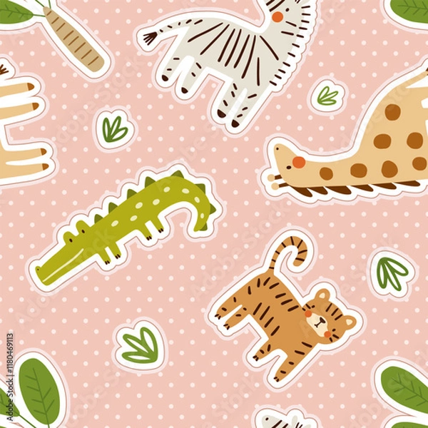 Obraz Cute hand drawn african baby animals on a pink neutral with stripes background, kids seamless pattern with zebra, crocodile, giraffe, lion, tiger.