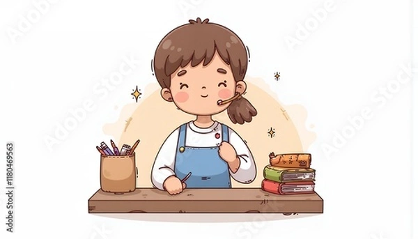 Fototapeta 2D Flat Chibi Cartoon Character of a Student - A cheerful girl sits at a desk, happily studying with books, pencils, and a packed lunch beside her, isolated on white background -  Adorable chibi illus