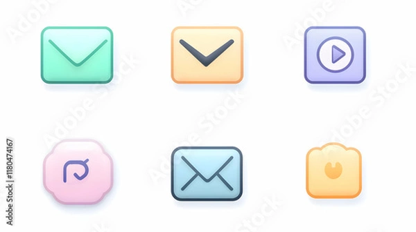 Fototapeta Pastel-toned digital icons for email, play, and folder actions on a light background.