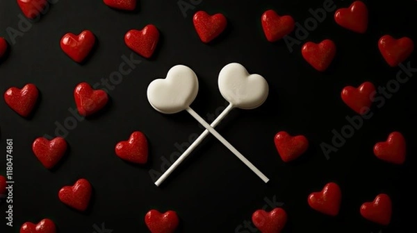 Fototapeta A romantic flat lay with two lollipops forming an X shape, surrounded by red candy hearts on a black background.